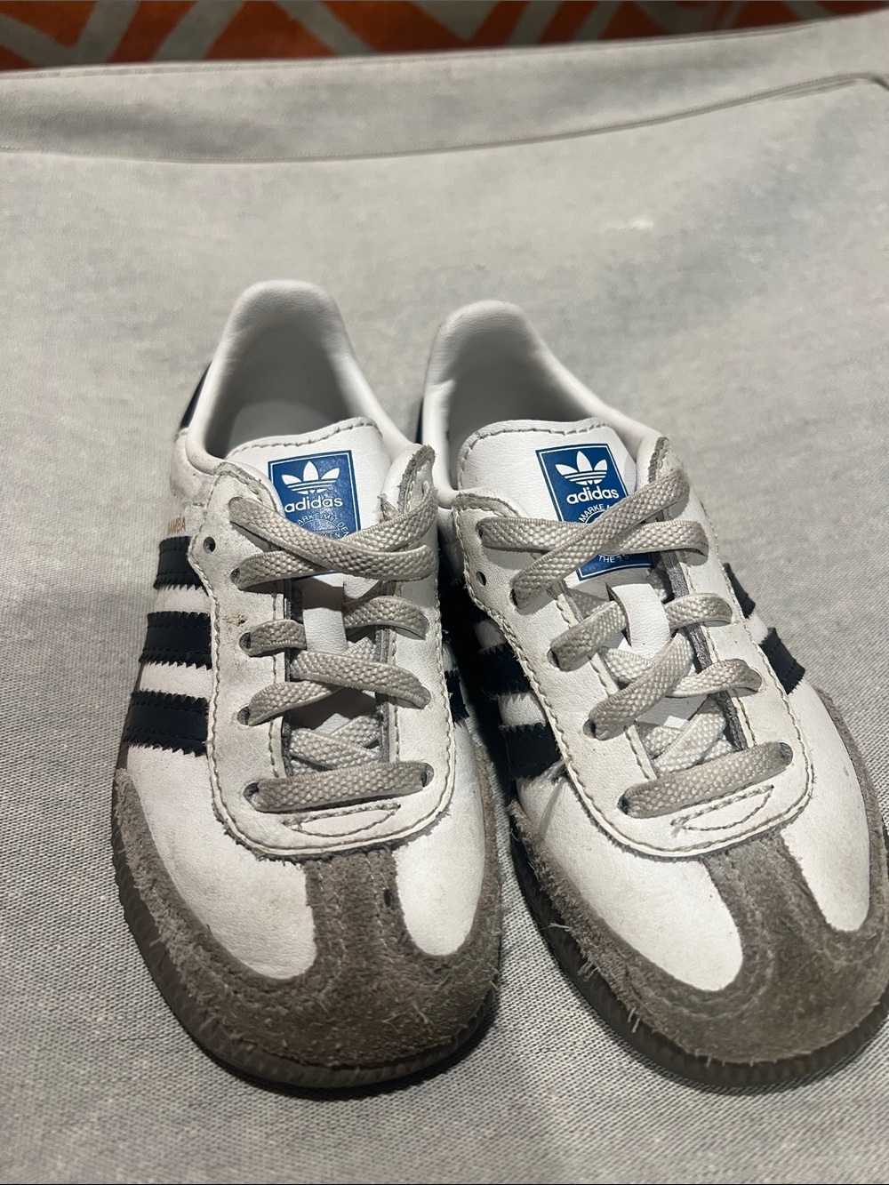 adidas White Sneakers with Black Stripes and Gray Suede Accents
